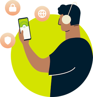Illustration of man using phone with app UI