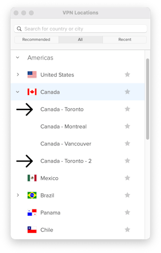 Меню выбора локаций ExpressVPN с серверами в Торонто.
