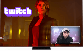 Twitch-logo, spill og strømming på skjerm.