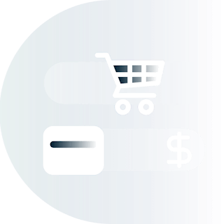 Carrinho de compras, cartão de crédito e símbolo de moeda.
