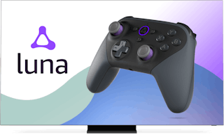 Skjerm med Amazon Luna-logo og håndkontroll.